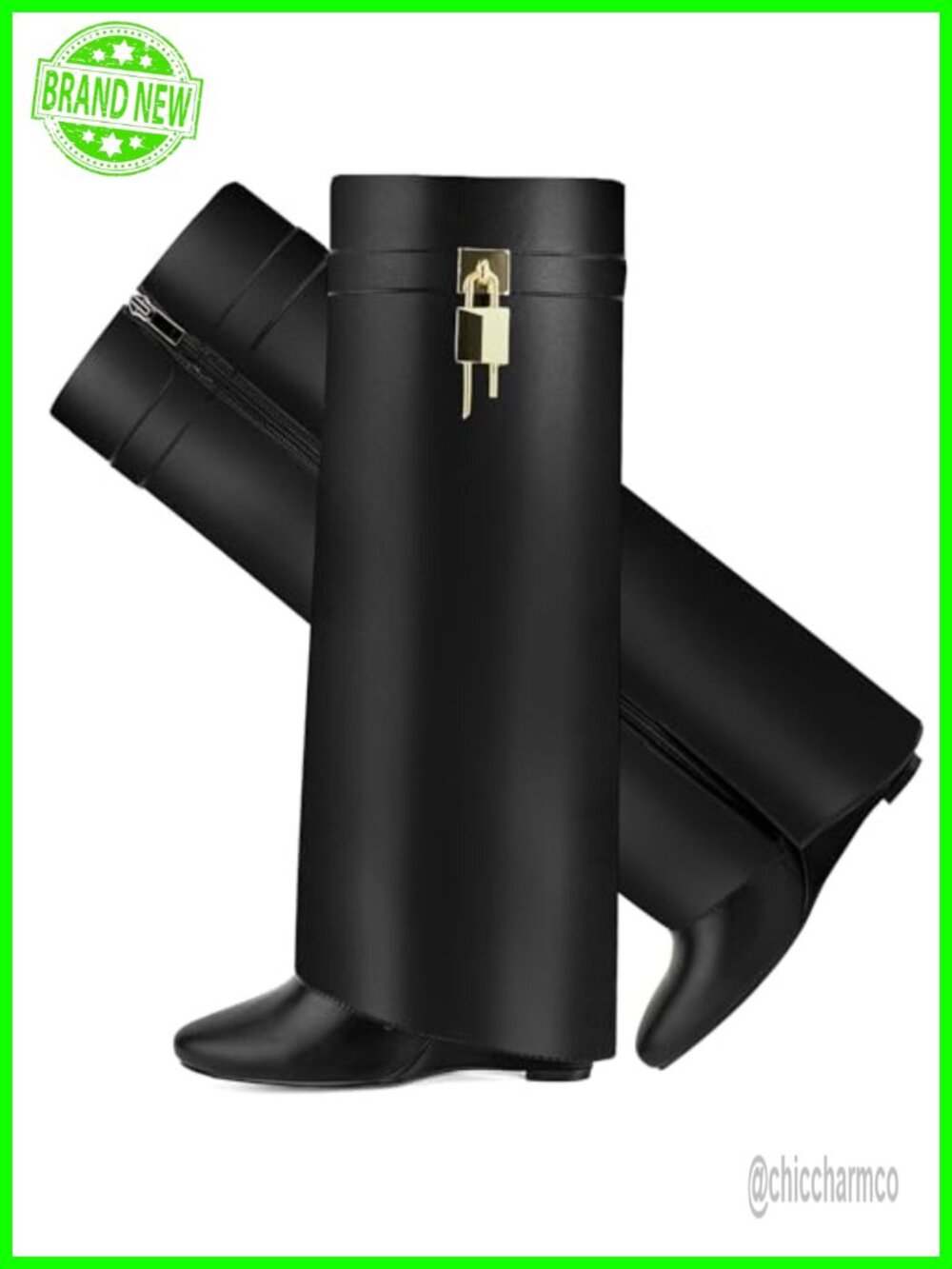 Faux Leather Fold Over Knee High Shark Boots 4-Inch Wedge Heel Side Zipper